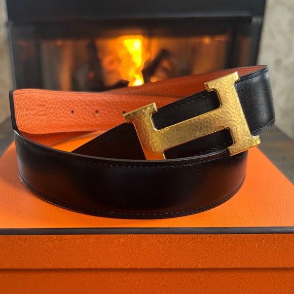 Hermes Black and Orange Leather Belt. Classic H Gold Buckle. - Picture 2 of 5